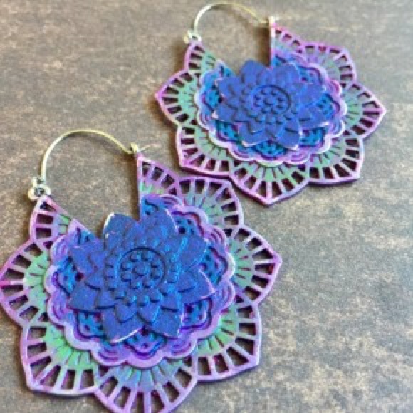 purple lotus flower earrings tibetan tribal vibe - Picture 2 of 8